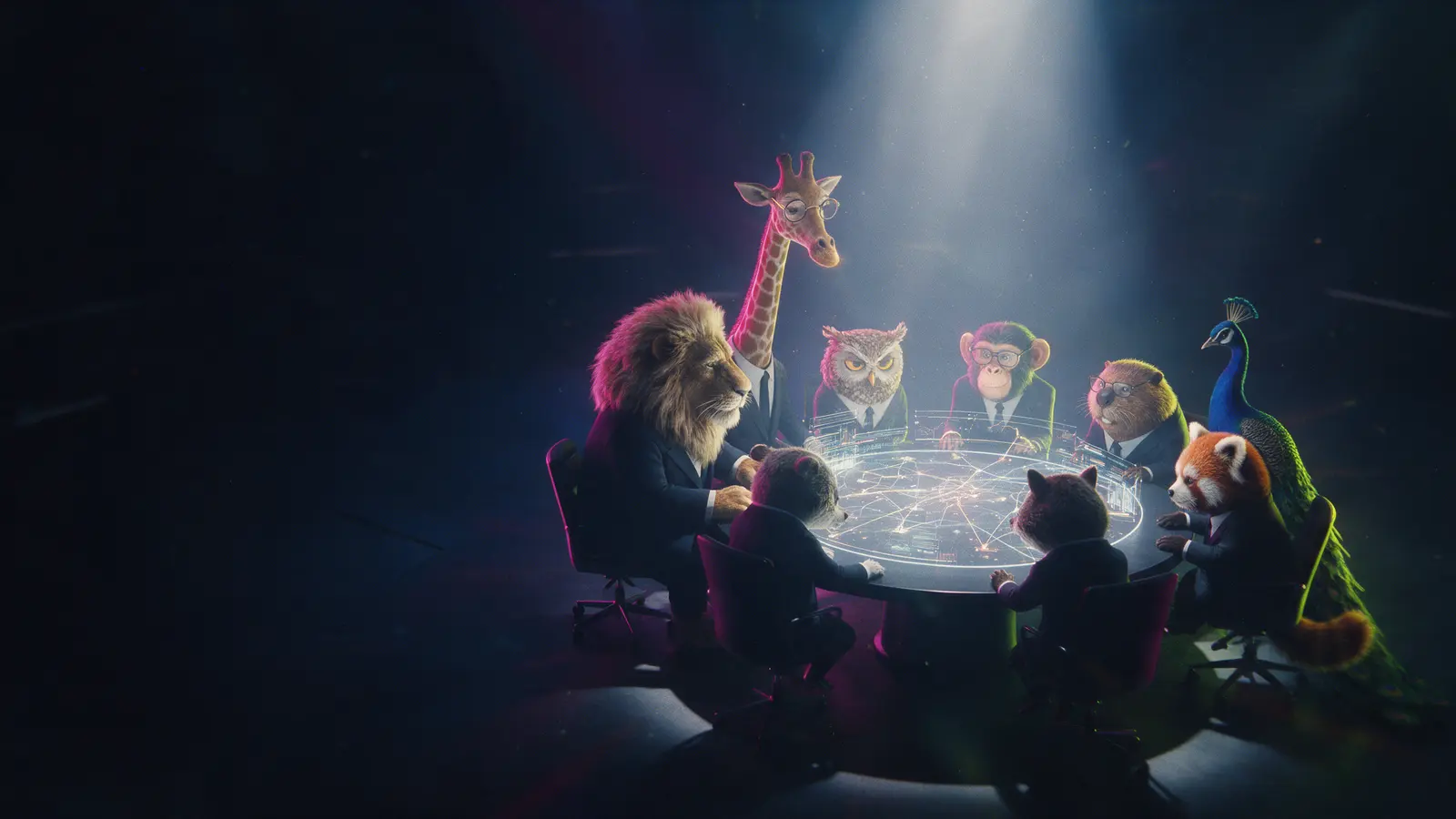 Las siete unidades de Lumia MKT, representadas por animales, analizan un mapa estratégico holográfico bajo un haz de luz