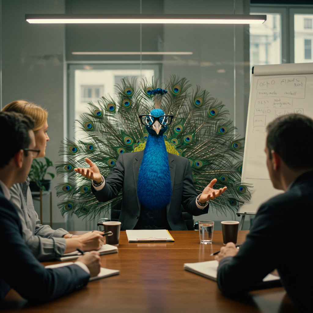 imagen de un pavo real humanizado con corbata, dando una conferencia, pavo real es la unidad de negocio de inteligencia artificial en marketing de lumia mkt agencia de marketing digital en colombia