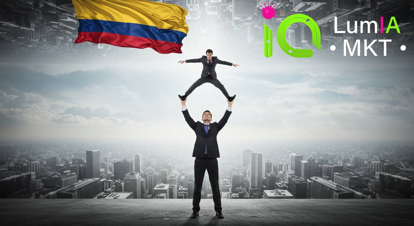 Empresario ayudando a otro a saltar frente a la bandera de Colombia, representando el apoyo estratégico de Lumia MKT, agencia de marketing digital en Colombia.