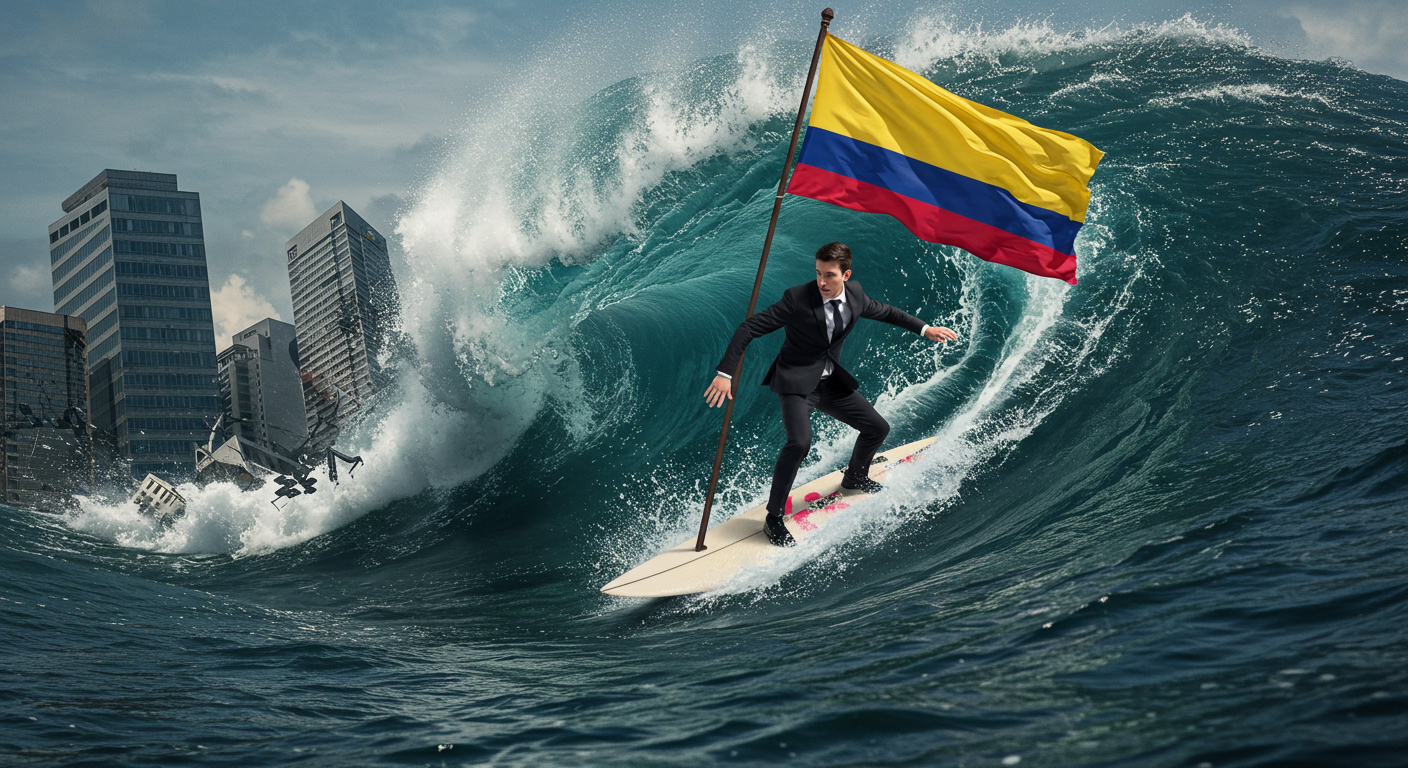 Empresario surfeando una ola con la bandera de Colombia, destacando la capacidad de Lumia MKT para enfrentar desafíos en el marketing digital en Colombia.