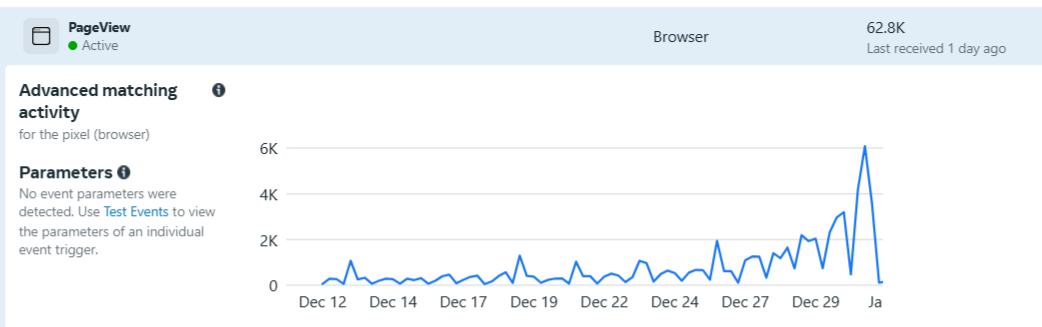 Gráfico de resultados de PageView en campaña MIAMI NYE 2025 gestionada por Lumia MKT, agencia de marketing digital en Colombia. Muestra el aumento de visitas gracias a estrategias de pauta digital efectivas.