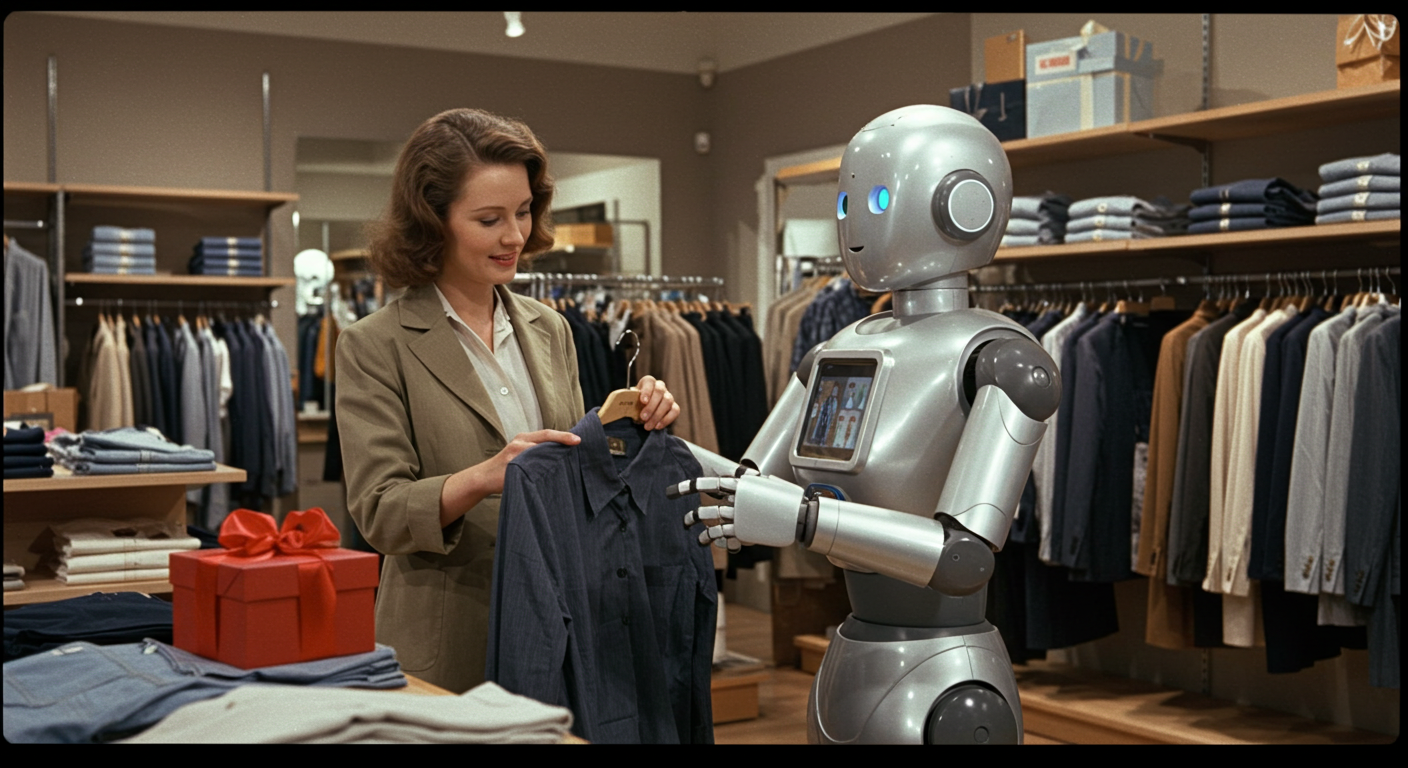 Robot ayudando a una mujer a escoger ropa en tienda, representando el uso de inteligencia artificial en marketing por Lumia MKT, agencia de marketing digital en Colombia